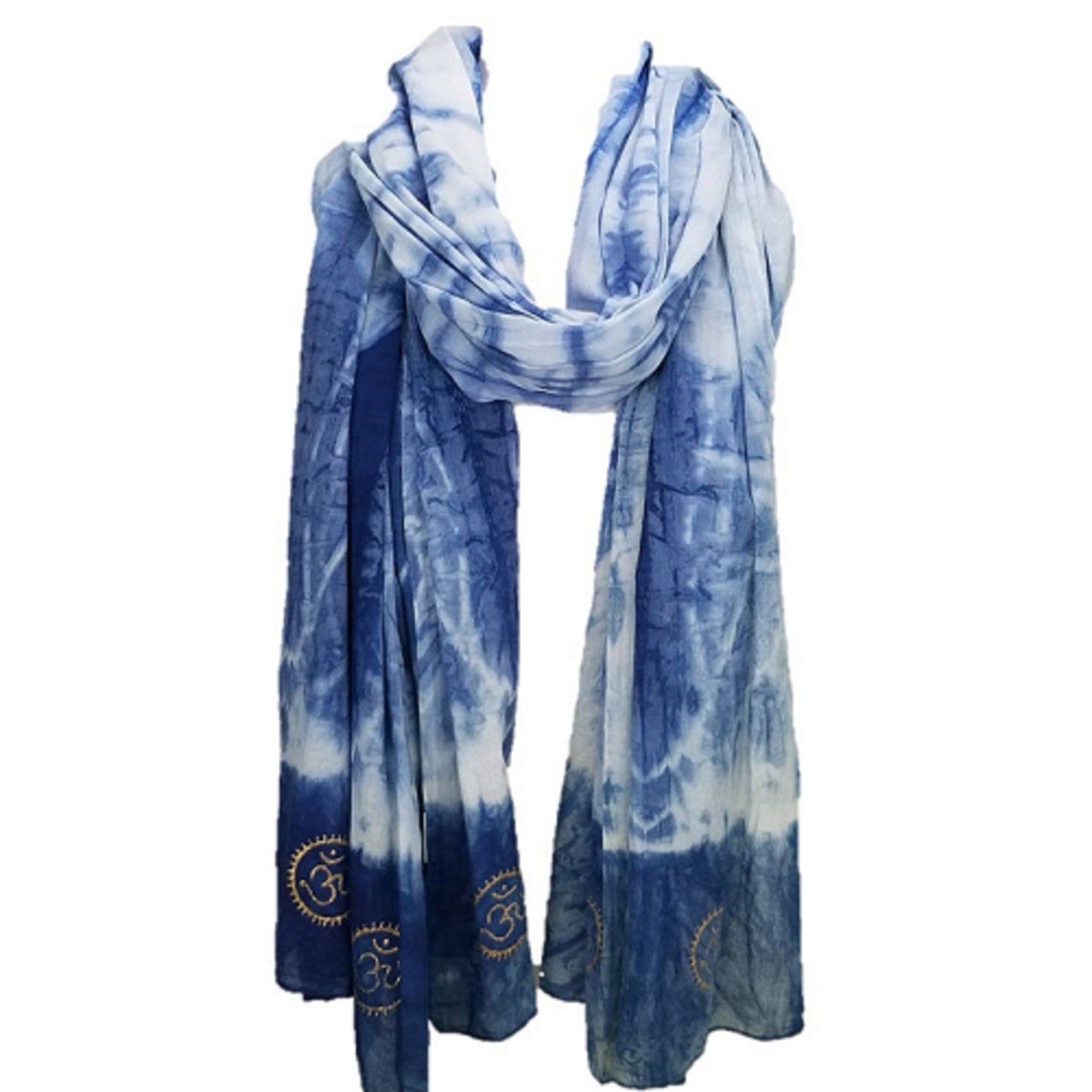 Eternity Indigo Cotton Scarf featuring hand-dyed indigo fabric and golden OM symbols at both ends.