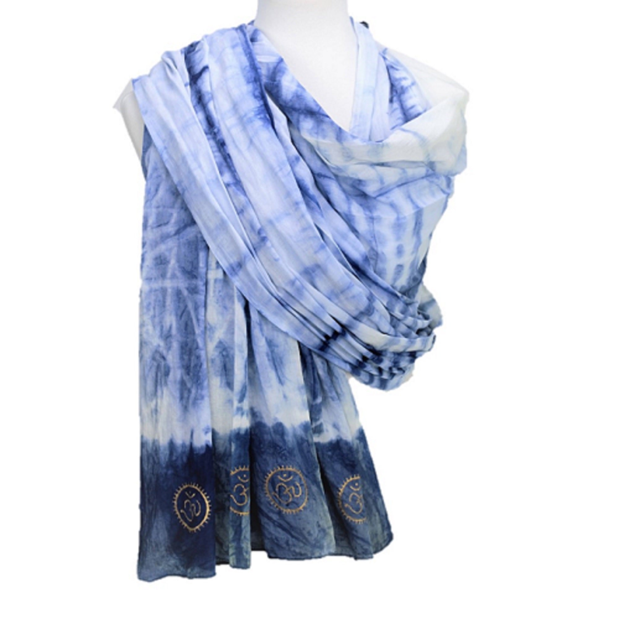 Eternity Indigo Cotton Scarf featuring hand-dyed indigo fabric and golden OM symbols at both ends.