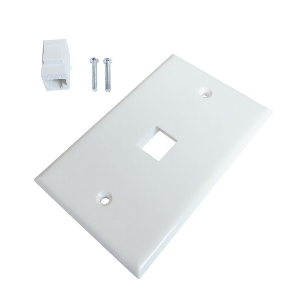 Ethernet Wall Plate 1 Port Cat6 Adapter with removable keystone and screws, designed for easy Ethernet cable connections.