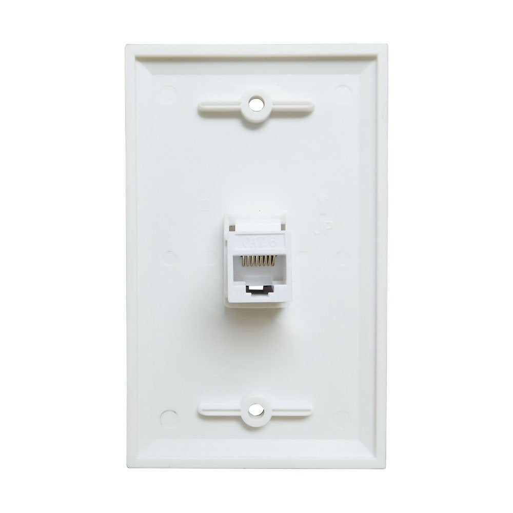 Ethernet Wall Plate 1 Port Cat6 Adapter with removable keystone and screws, designed for easy Ethernet cable connections.