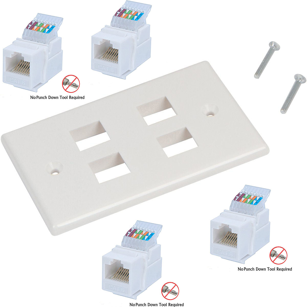 Ethernet Wall Plate 4 Port Cat6 adapter with four keystone jacks and screws, designed for seamless network connectivity.