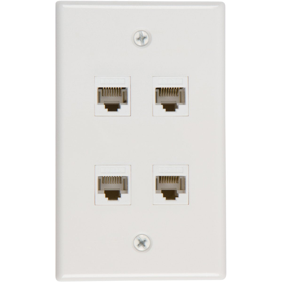 Ethernet Wall Plate 4 Port Cat6 adapter with four keystone jacks and screws, designed for seamless network connectivity.