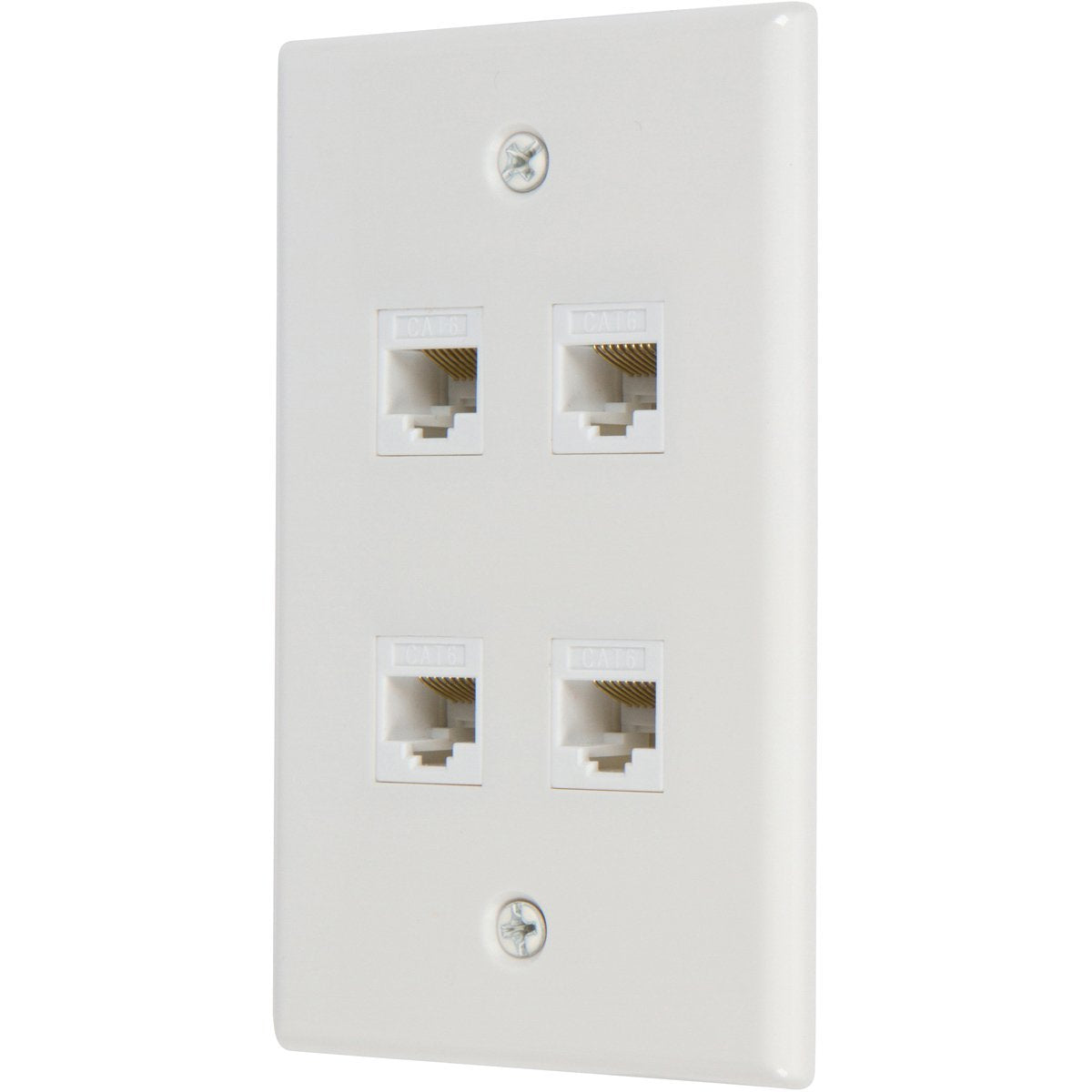 Ethernet Wall Plate 4 Port Cat6 adapter with four keystone jacks and screws, designed for seamless network connectivity.