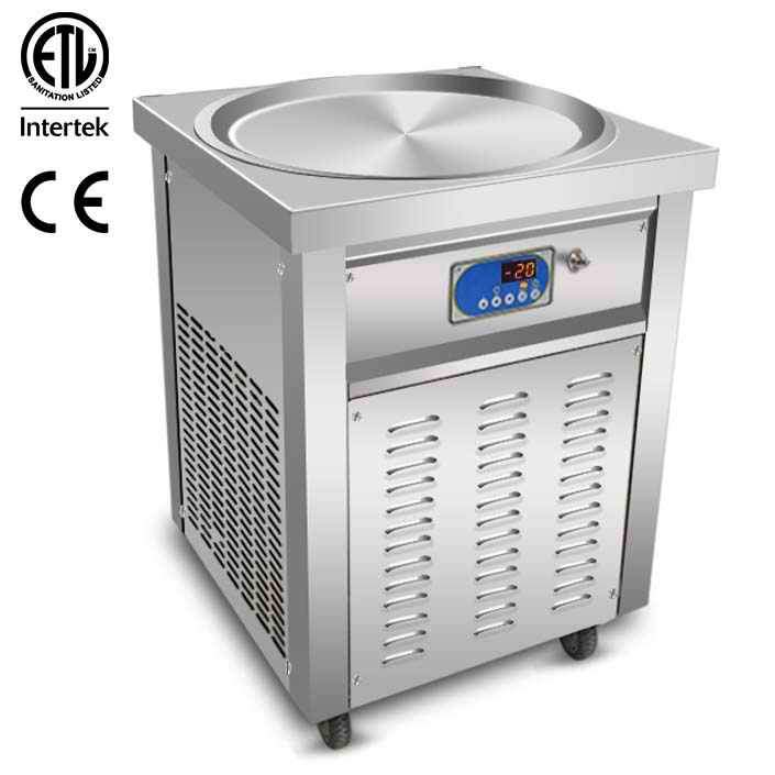 ETLCE Commercial 55cm Ice Cream Roll Machine with stainless steel pan and wheels, designed for easy operation and cleaning.