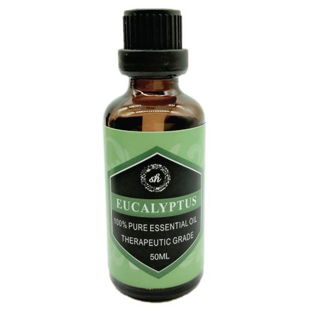 50ml bottle of 100% pure Eucalyptus Essential Oil, showcasing its clear liquid and therapeutic grade quality.