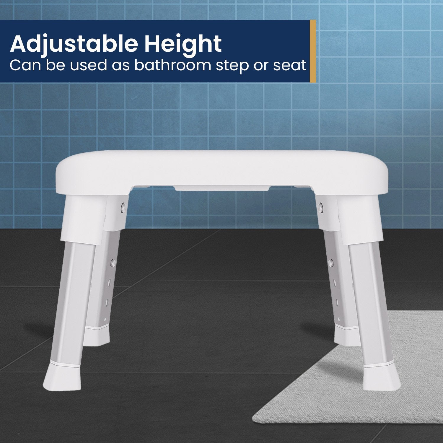 Evekare Deluxe Height-adjustable Bathroom Step with non-slip feet and large stepping area, designed for safety and stability.