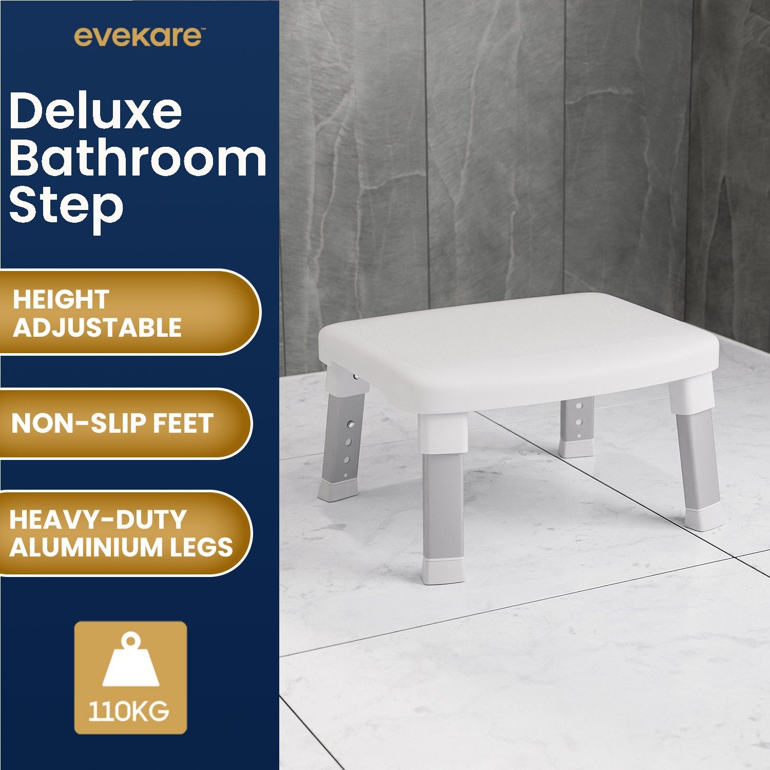 Evekare Deluxe Height-adjustable Bathroom Step with non-slip feet and large stepping area, designed for safety and stability.