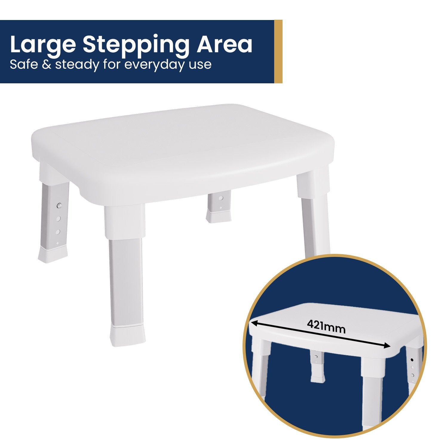 Evekare Deluxe Height-adjustable Bathroom Step with non-slip feet and large stepping area, designed for safety and stability.