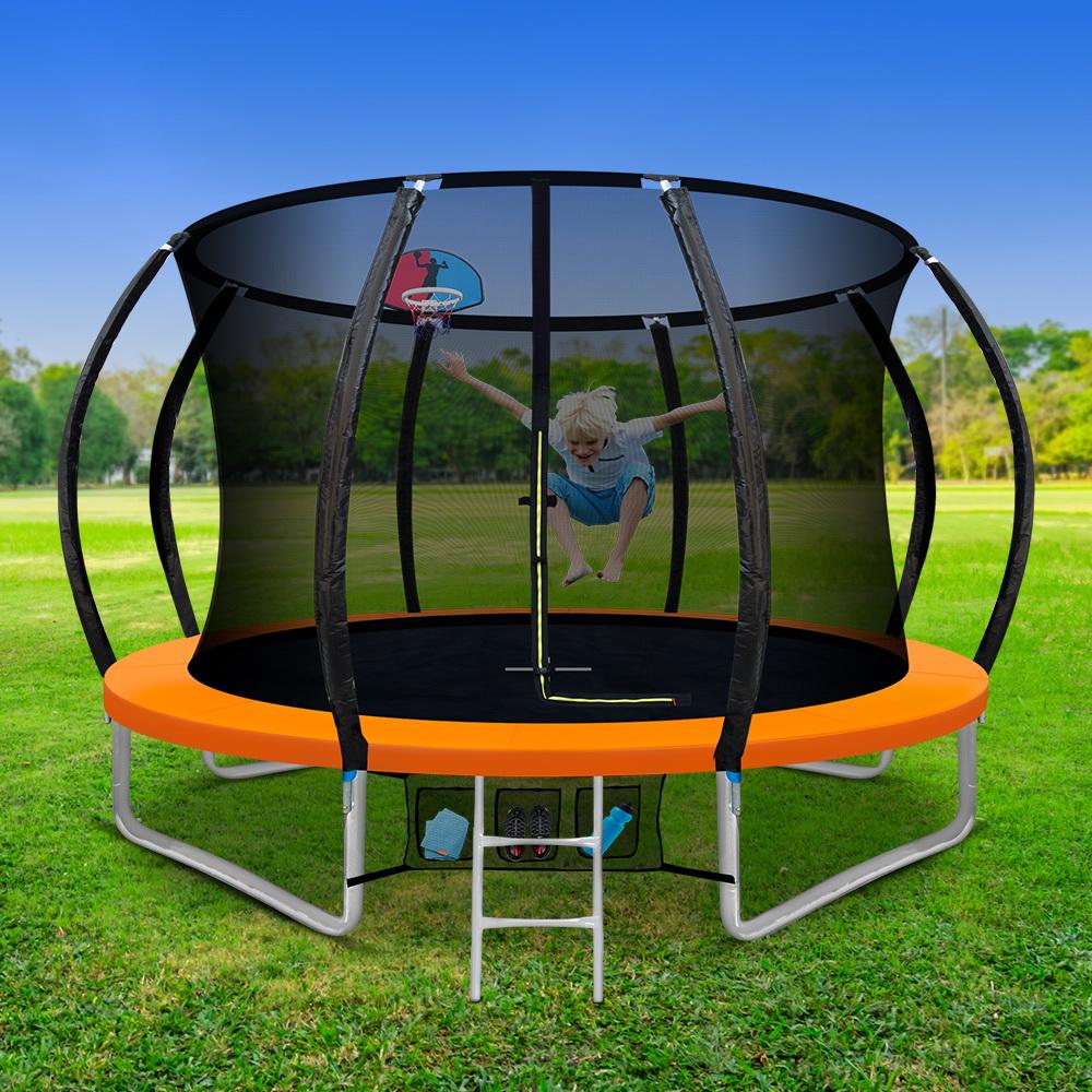 Everfit 10FT Round Trampoline with Basketball Hoop, featuring safety netting and heavy-gauge steel frame, perfect for kids' outdoor fun.