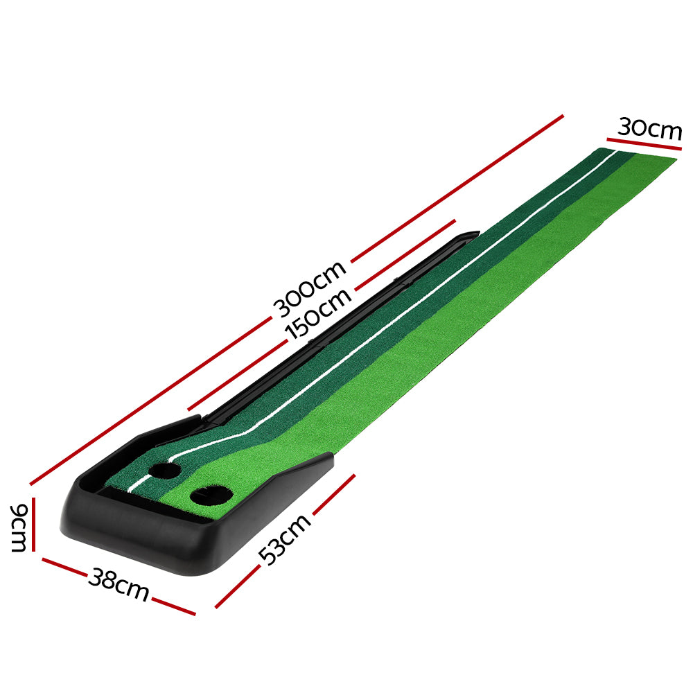 Everfit 3M Golf Putting Mat with double-colour faux grass and automatic ball return track, ideal for indoor and outdoor practice.