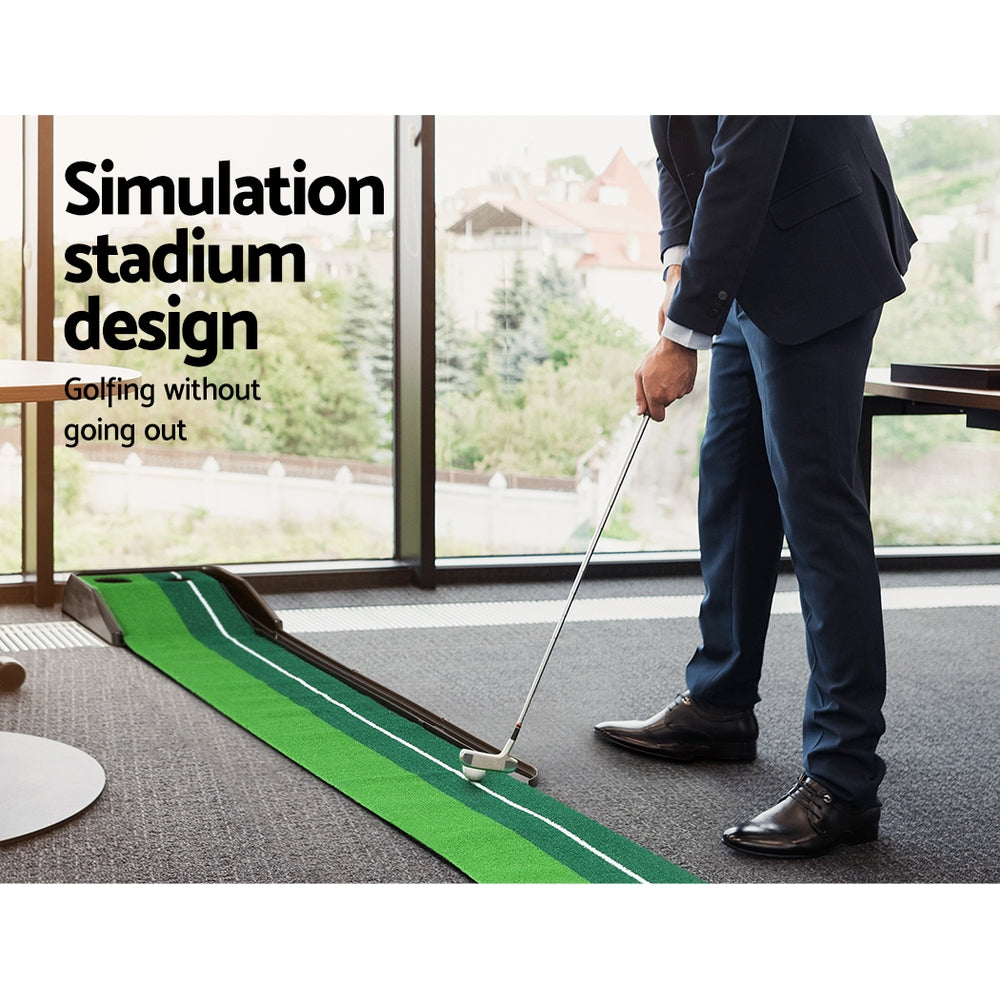 Everfit 3M Golf Putting Mat with double-colour faux grass and automatic ball return track, ideal for indoor and outdoor practice.