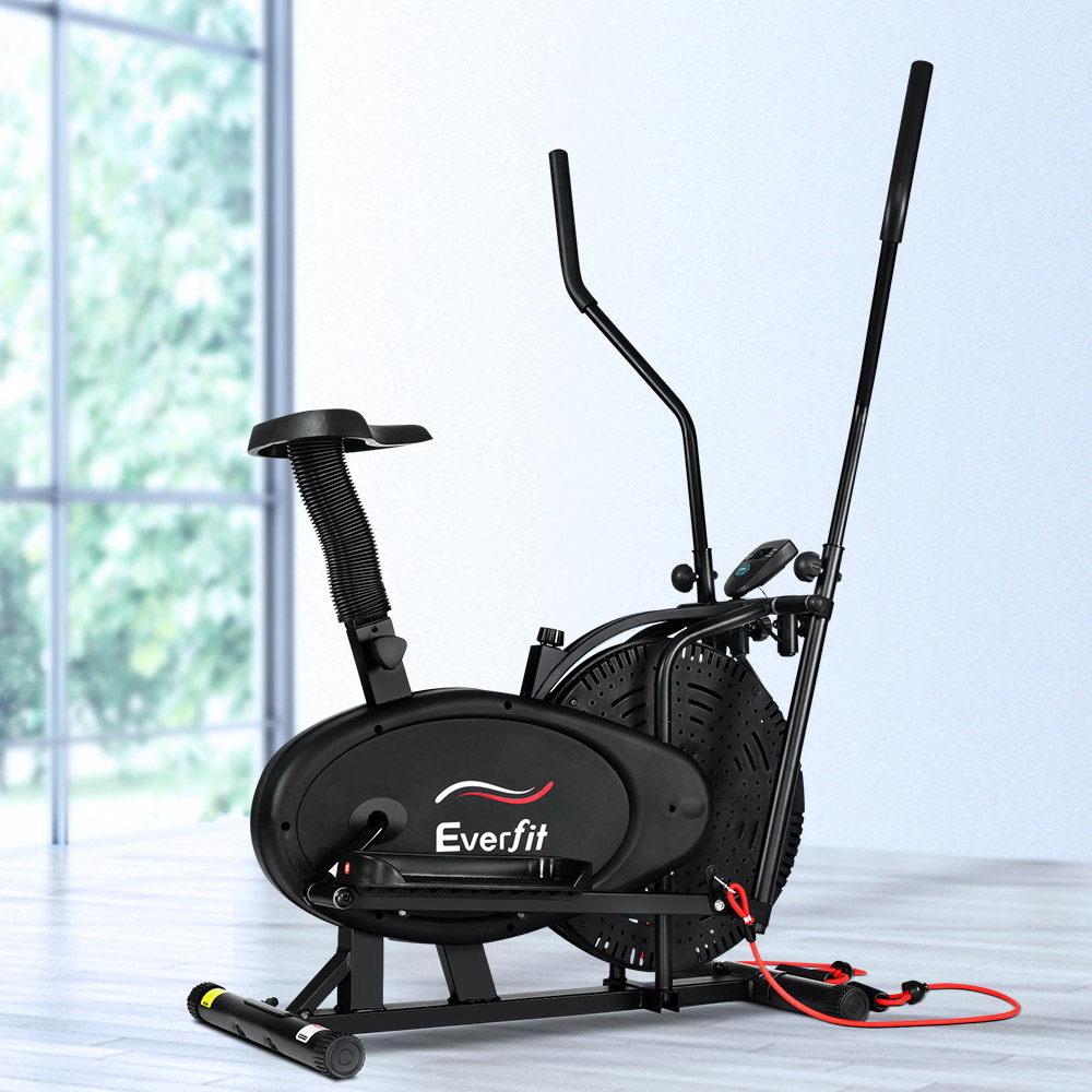 Everfit 4in1 Elliptical Cross Trainer Exercise Bike with adjustable seat and handlebars, LCD display, and resistance bands.