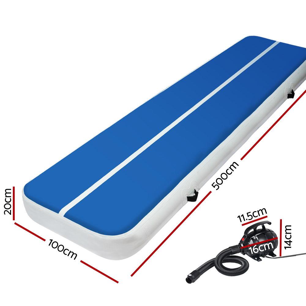 Everfit 5X1M Inflatable Air Track Mat in blue, showcasing its 20CM thickness and durable construction, ideal for gymnastics and cheerleading.