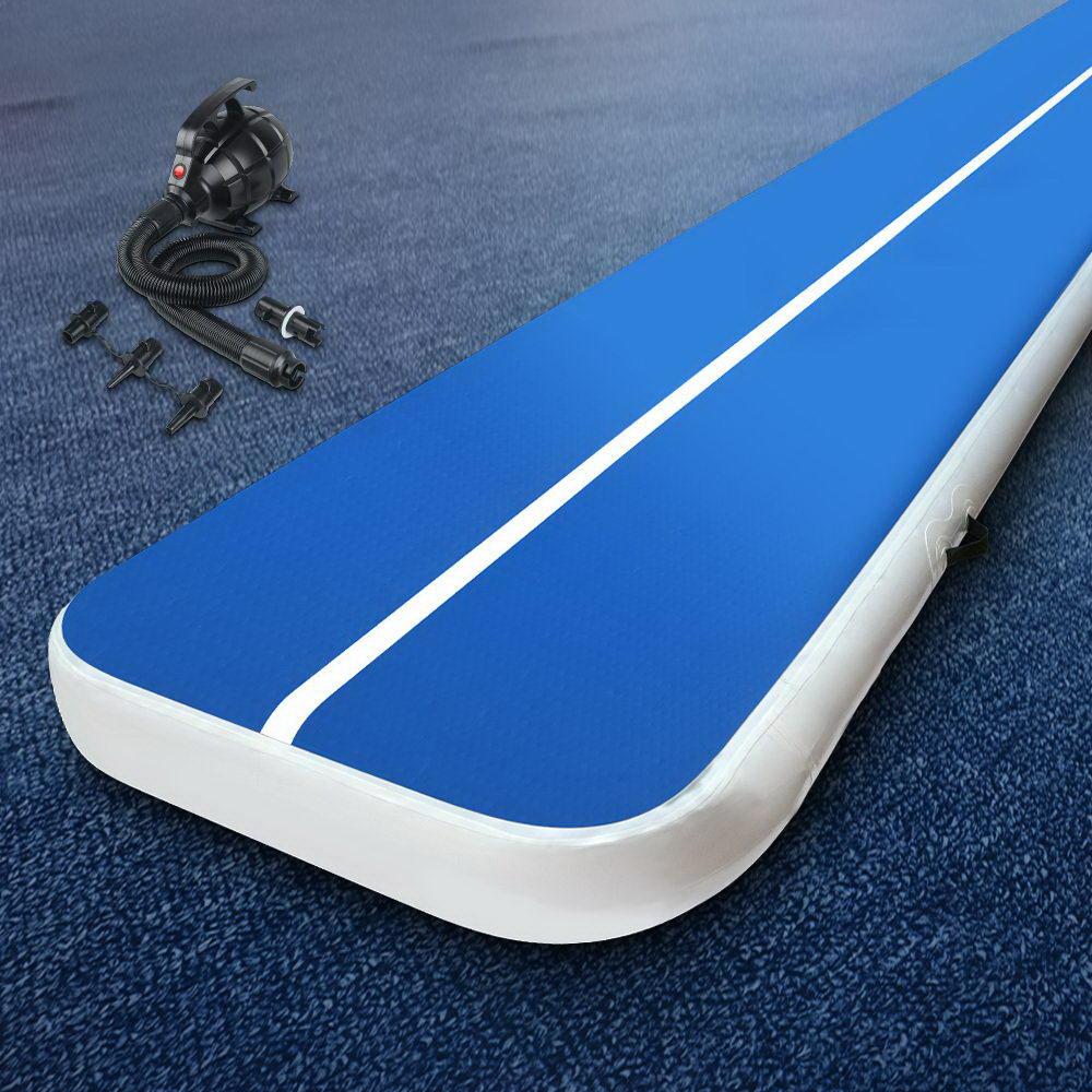 Everfit 5X1M Inflatable Air Track Mat in blue, showcasing its 20CM thickness and durable construction, ideal for gymnastics and cheerleading.