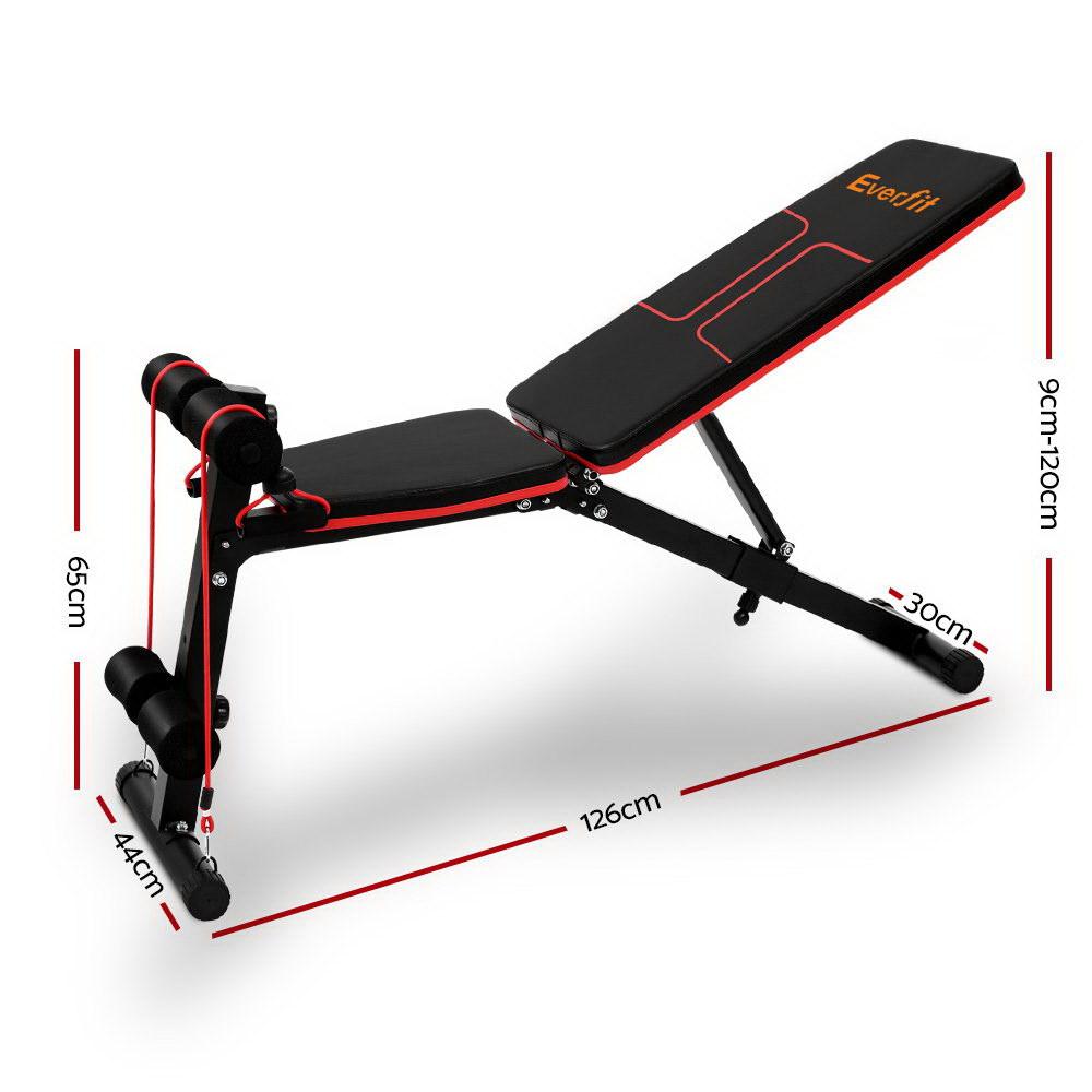 Everfit Adjustable FID Weight Bench in a home gym setting, showcasing its adjustable backrest and sturdy construction.