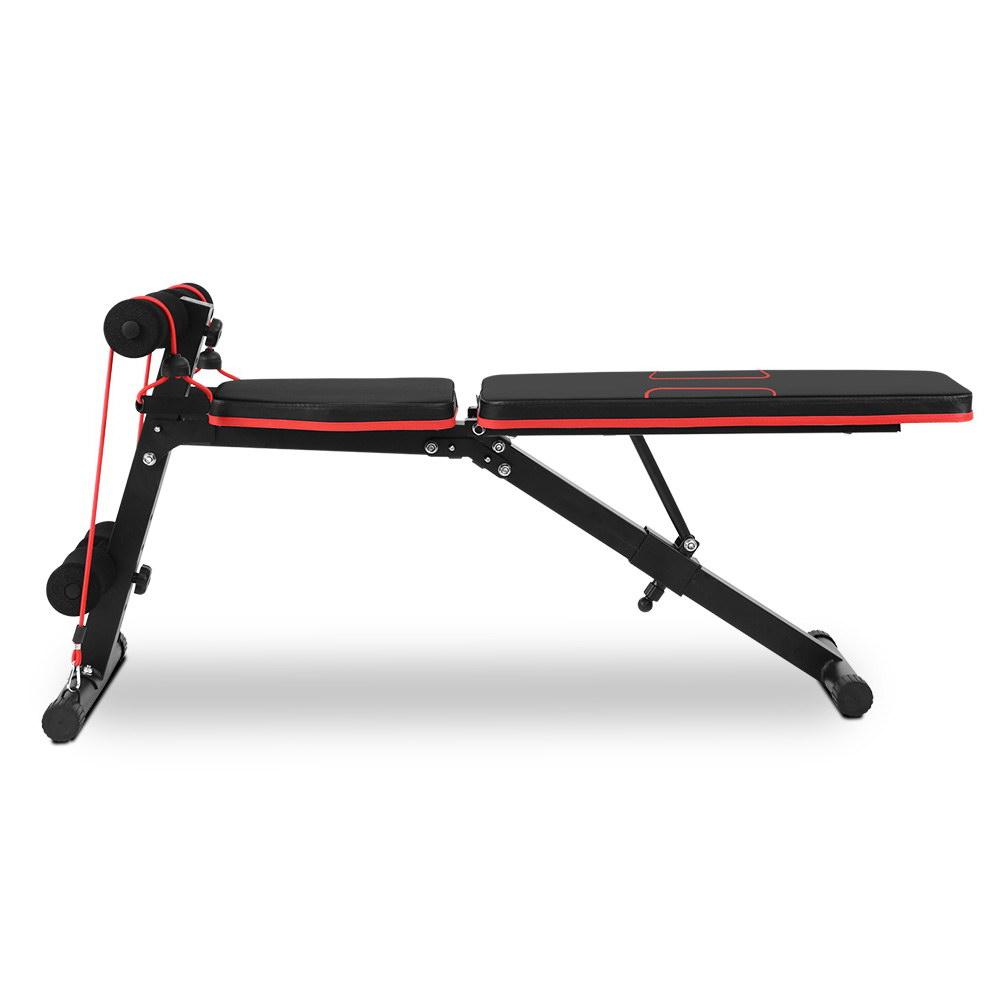 Everfit Adjustable FID Weight Bench in a home gym setting, showcasing its adjustable backrest and sturdy construction.