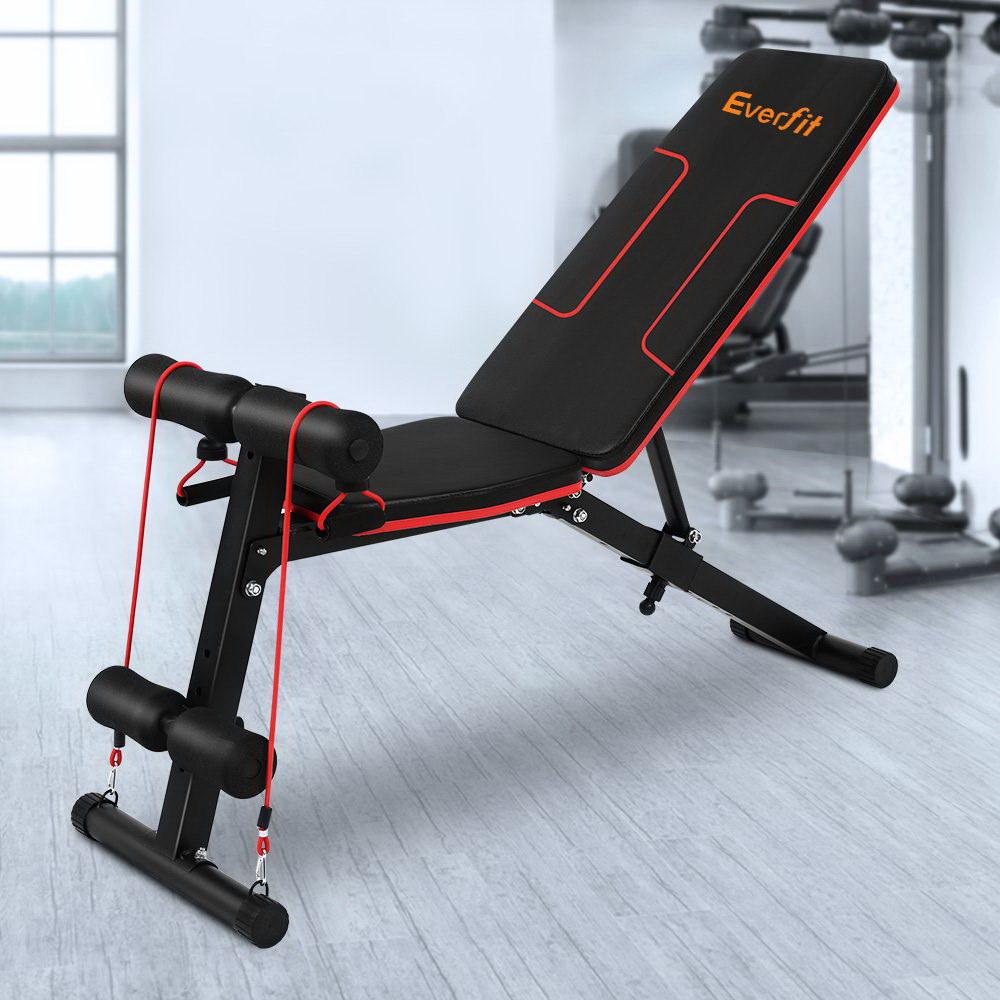 Everfit Adjustable FID Weight Bench in a home gym setting, showcasing its adjustable backrest and sturdy construction.