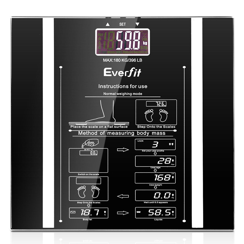 Everfit Digital Body Fat Scale with tempered glass platform, displaying weight and body fat percentage readings.