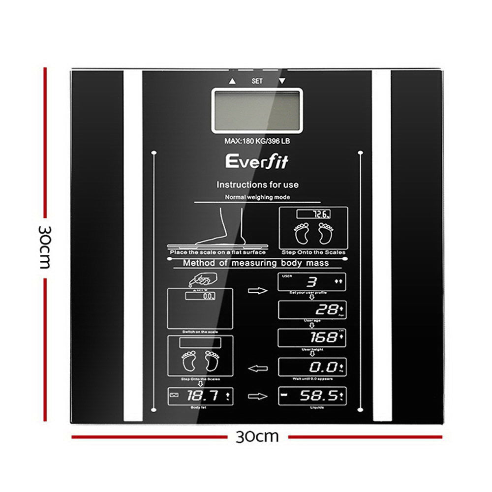 Everfit Digital Body Fat Scale with tempered glass platform, displaying weight and body fat percentage readings.