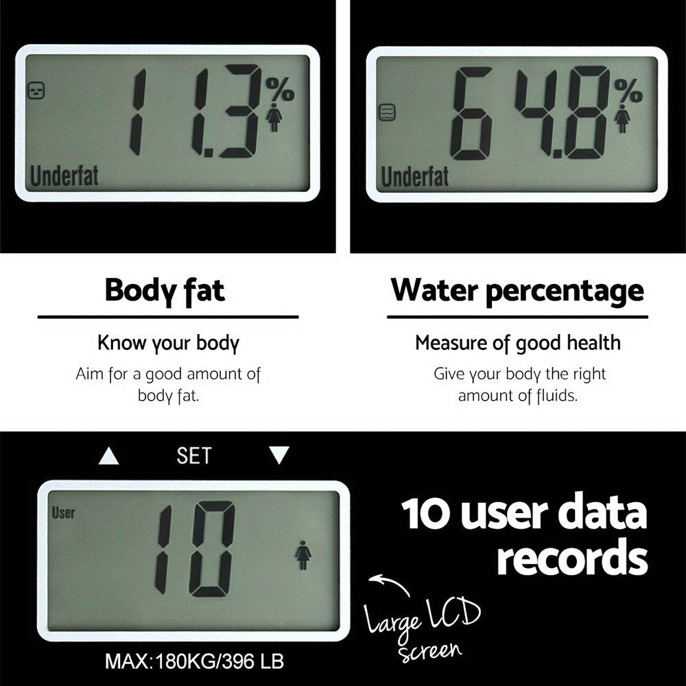 Everfit Digital Body Fat Scale with tempered glass platform, displaying weight and body fat percentage readings.