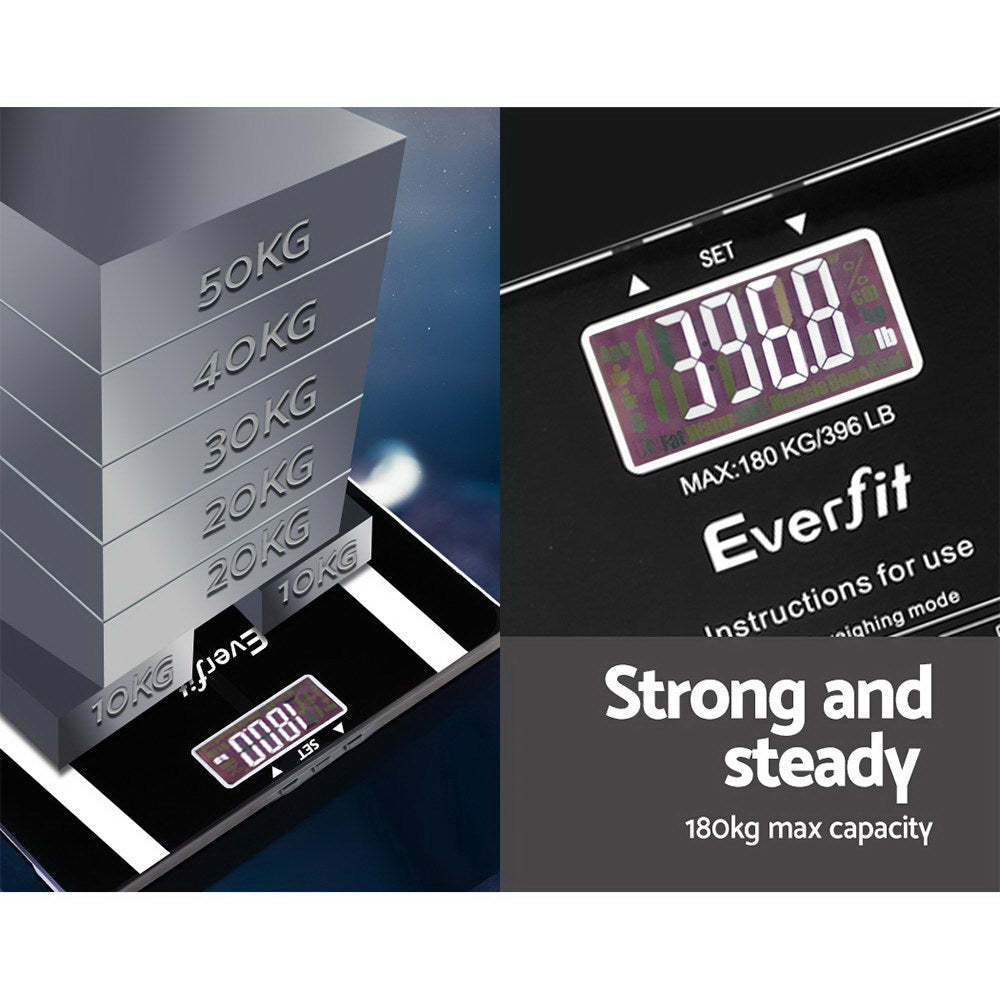 Everfit Digital Body Fat Scale with tempered glass platform, displaying weight and body fat percentage readings.