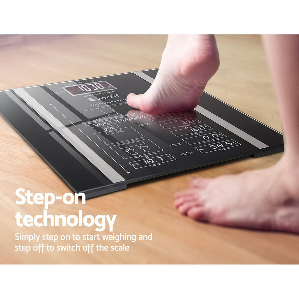 Everfit Digital Body Fat Scale with tempered glass platform, displaying weight and body fat percentage readings.