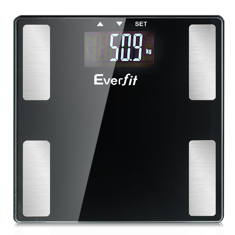 Everfit Bathroom Scales Digital Body Fat Scale with a sleek black tempered glass platform and large LCD display for health tracking.