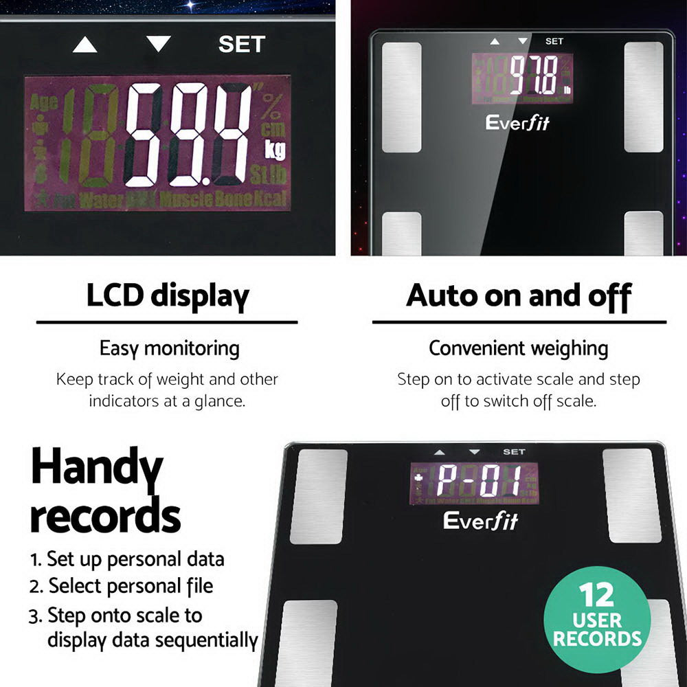 Everfit Bathroom Scales Digital Body Fat Scale with a sleek black tempered glass platform and large LCD display for health tracking.