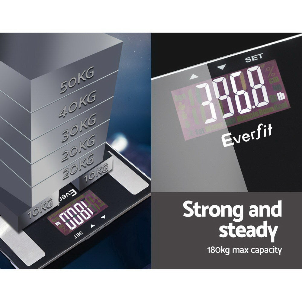 Everfit Bathroom Scales Digital Body Fat Scale with a sleek black tempered glass platform and large LCD display for health tracking.