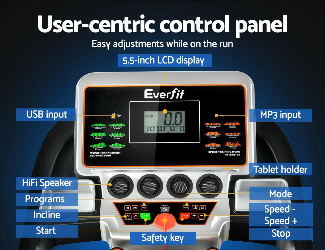 Everfit Electric Treadmill with a sturdy frame and digital display, showcasing its incline and speed settings.