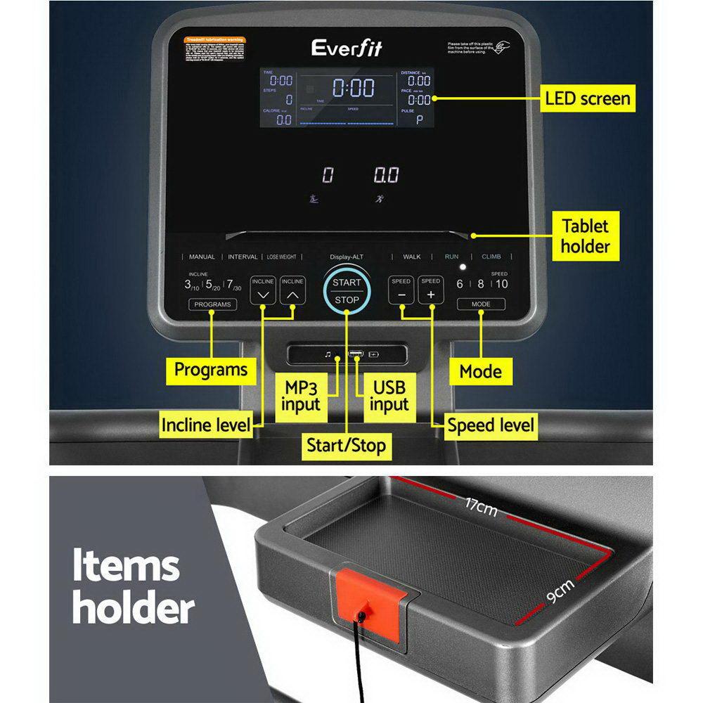 Everfit Electric Treadmill Auto Incline Trainer CM01 with a sleek design, digital display, and adjustable incline settings.