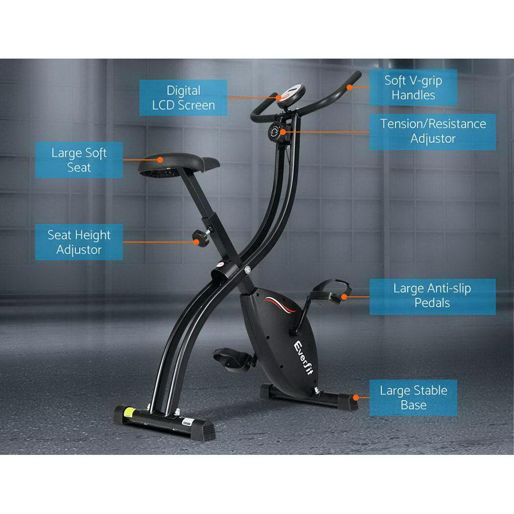 Everfit Exercise Bike X-Bike with adjustable seat and LCD monitor, showcasing its compact and sturdy design.