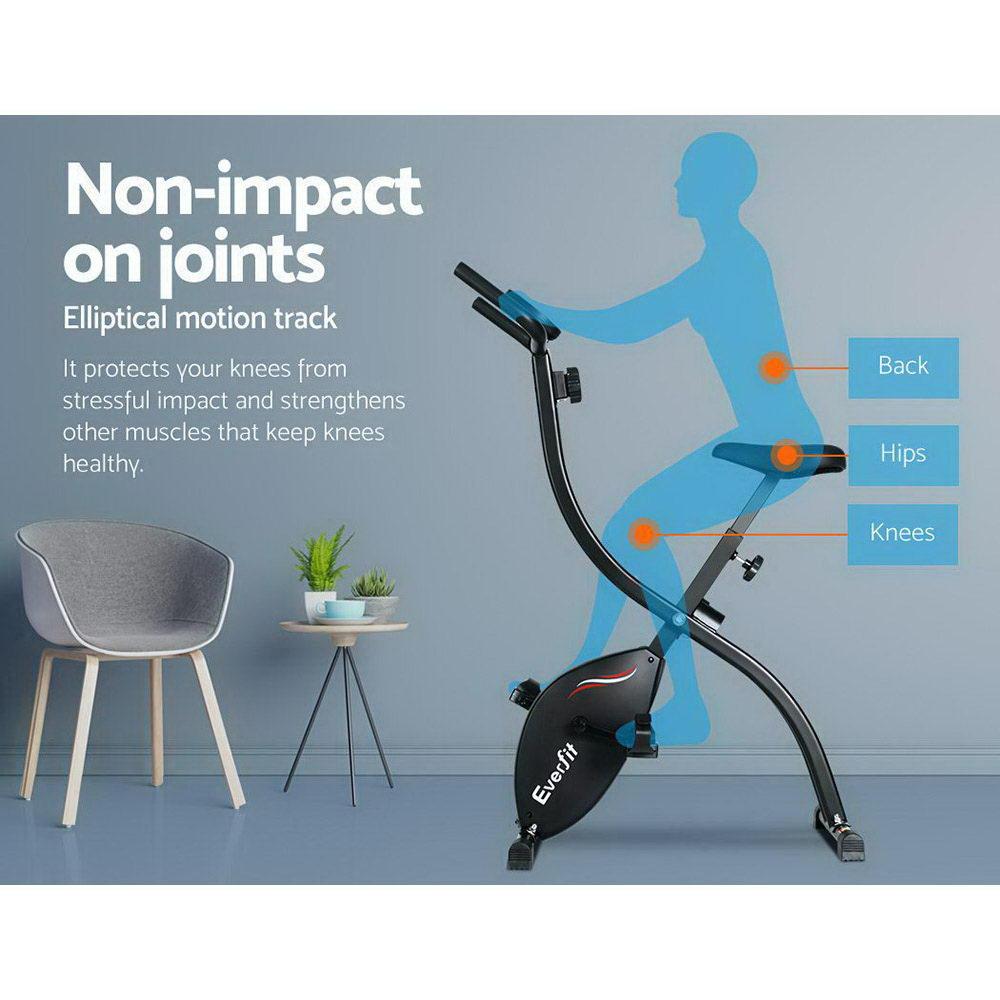 Everfit Exercise Bike X-Bike with adjustable seat and LCD monitor, showcasing its compact and sturdy design.