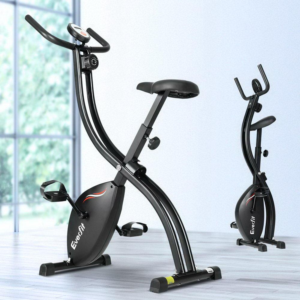 Everfit Exercise Bike X-Bike with adjustable seat and LCD monitor, showcasing its compact and sturdy design.