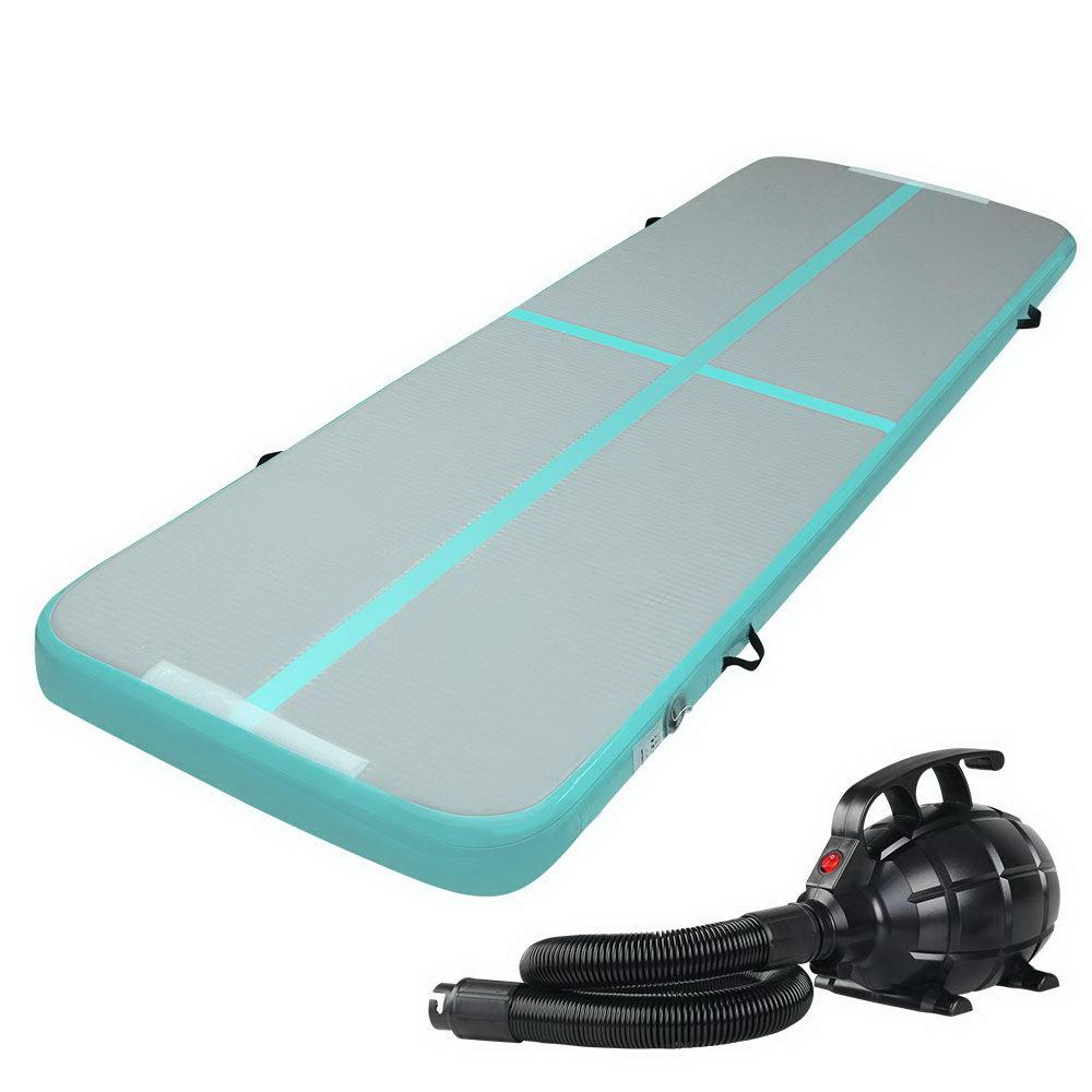 Everfit GoFun 3X1M Inflatable Air Track Mat with Electric Pump, showcasing its mint and grey color, designed for gymnastics and cheerleading.