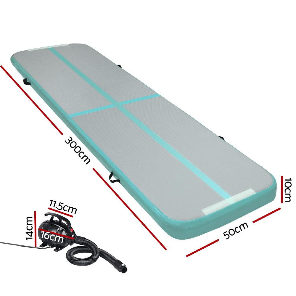 Everfit GoFun 3X1M Inflatable Air Track Mat with Electric Pump, showcasing its mint and grey color, designed for gymnastics and cheerleading.