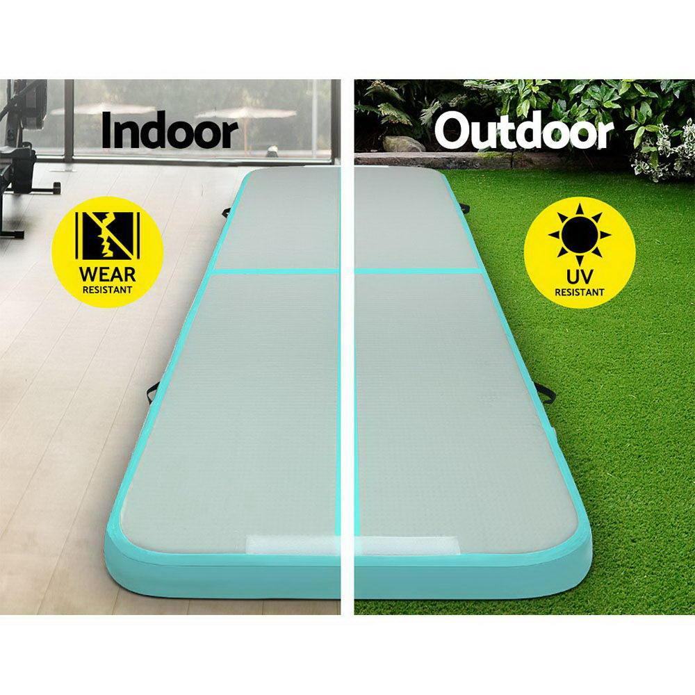 Everfit GoFun 3X1M Inflatable Air Track Mat with Electric Pump, showcasing its mint and grey color, designed for gymnastics and cheerleading.