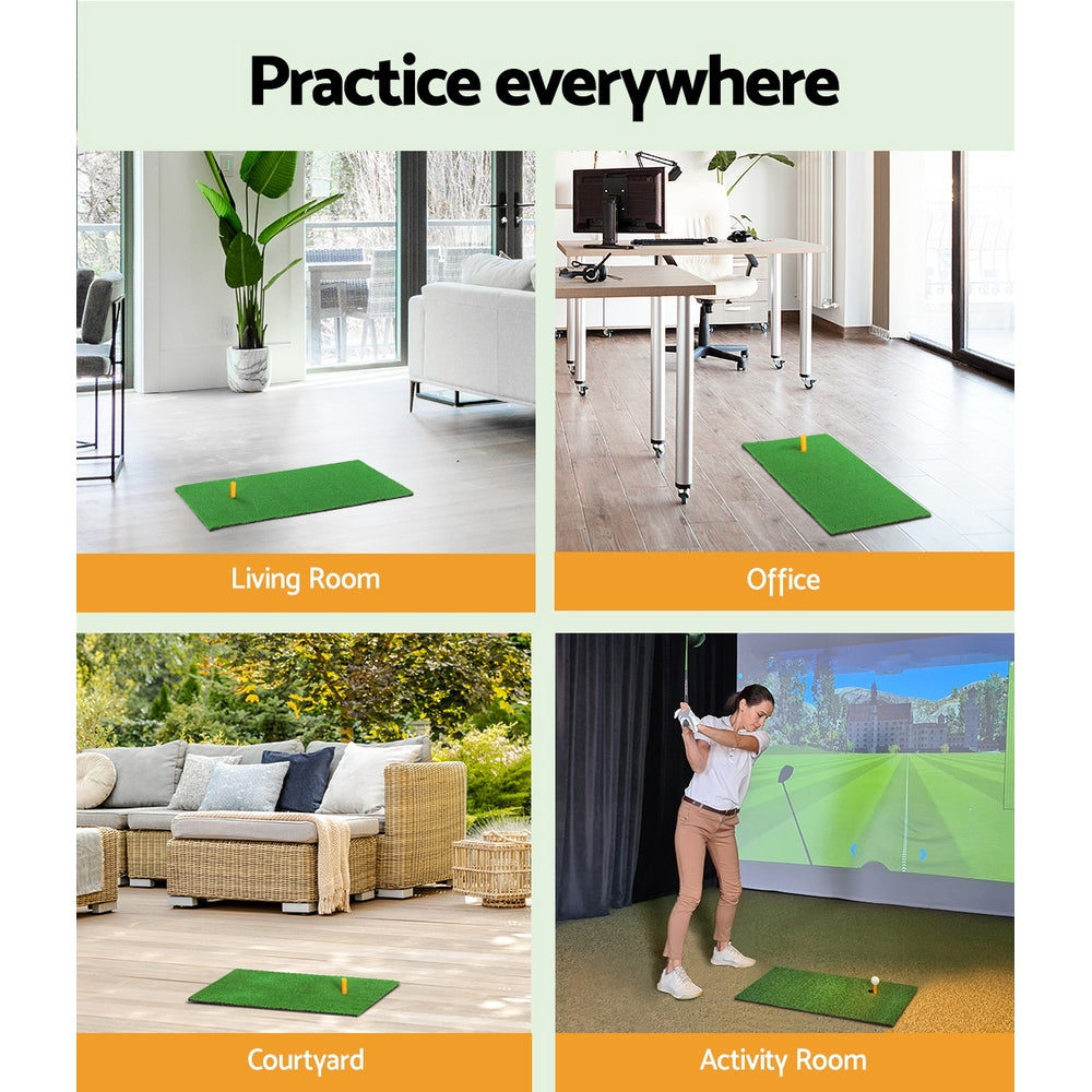 Everfit Golf Hitting Mat showcasing its portable design and realistic faux grass surface, ideal for practicing golf swings indoors or outdoors.