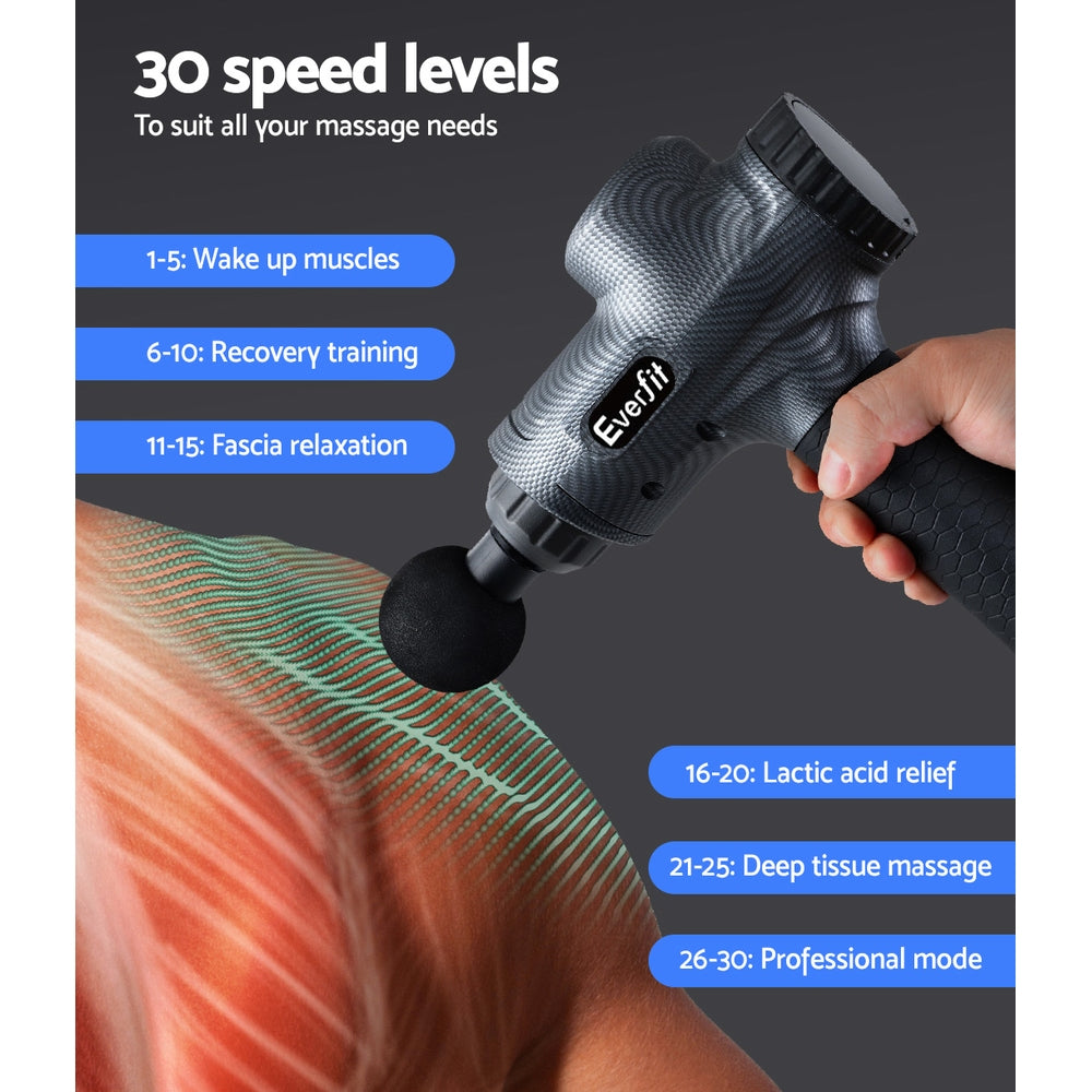 Everfit Massage Gun with six interchangeable heads and LCD display, designed for muscle relief and recovery.