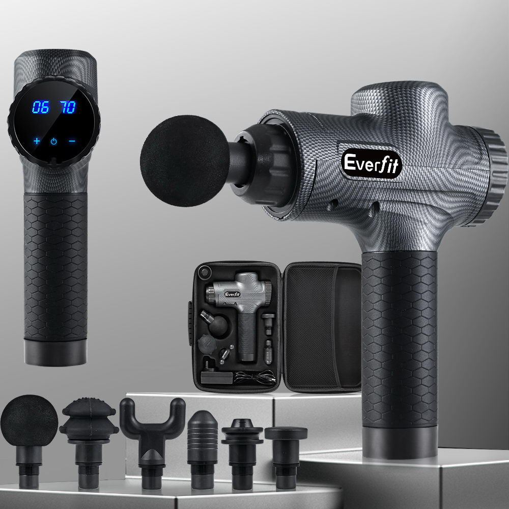 Everfit Massage Gun with six interchangeable heads and LCD display, designed for muscle relief and recovery.