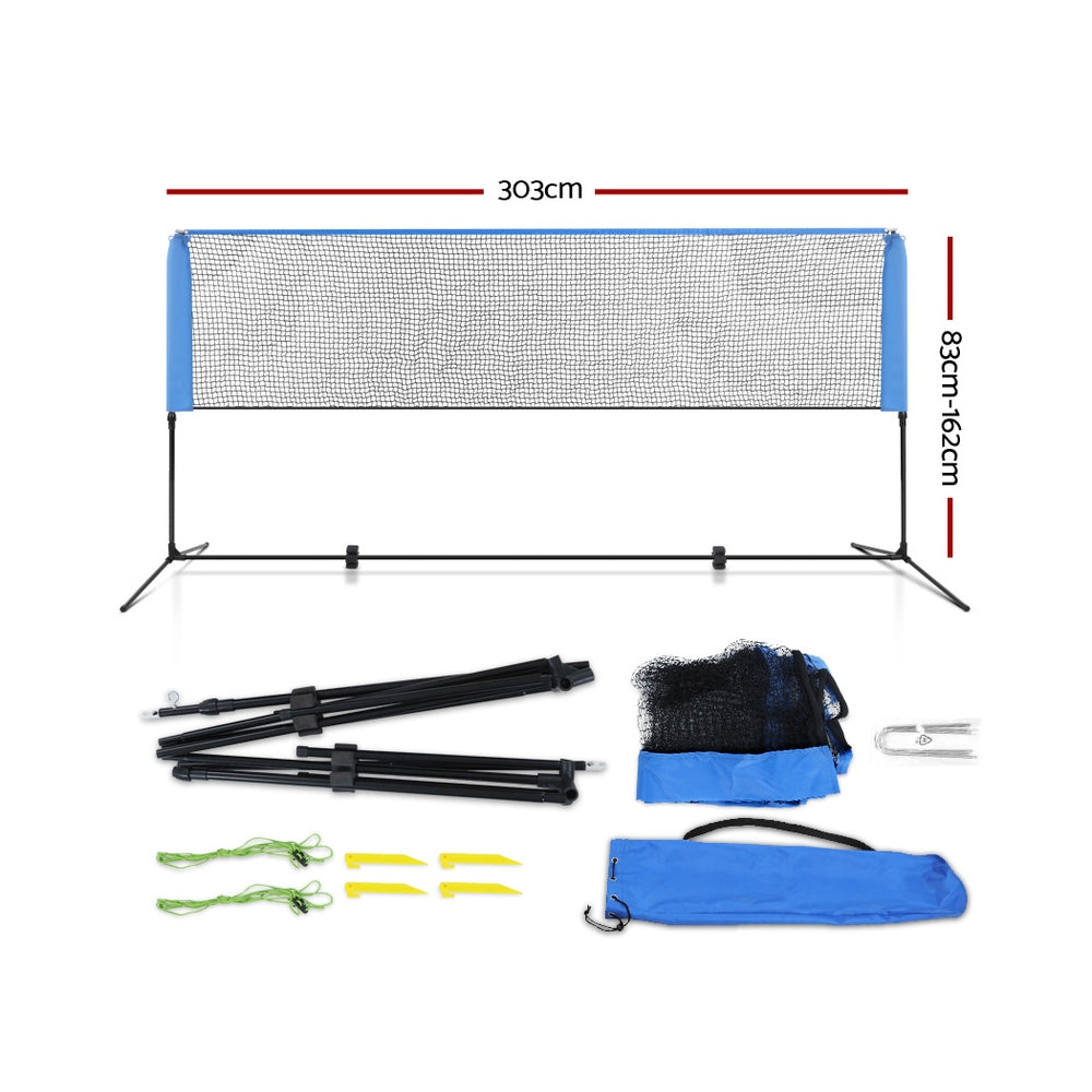 Everfit Portable Sports Net Stand for badminton, volleyball, tennis, and soccer, featuring a sturdy black powder-coated steel frame and adjustable height.