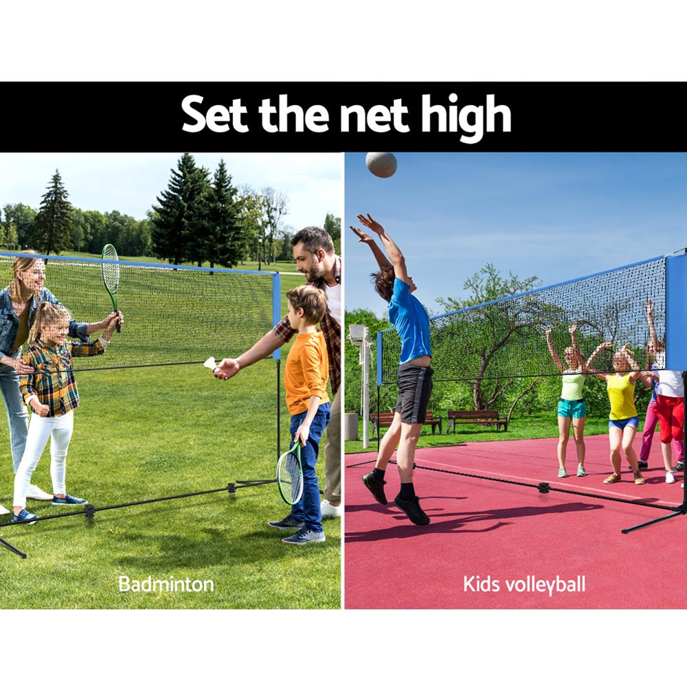 Everfit Portable Sports Net Stand for badminton, volleyball, tennis, and soccer, featuring a sturdy black powder-coated steel frame and adjustable height.