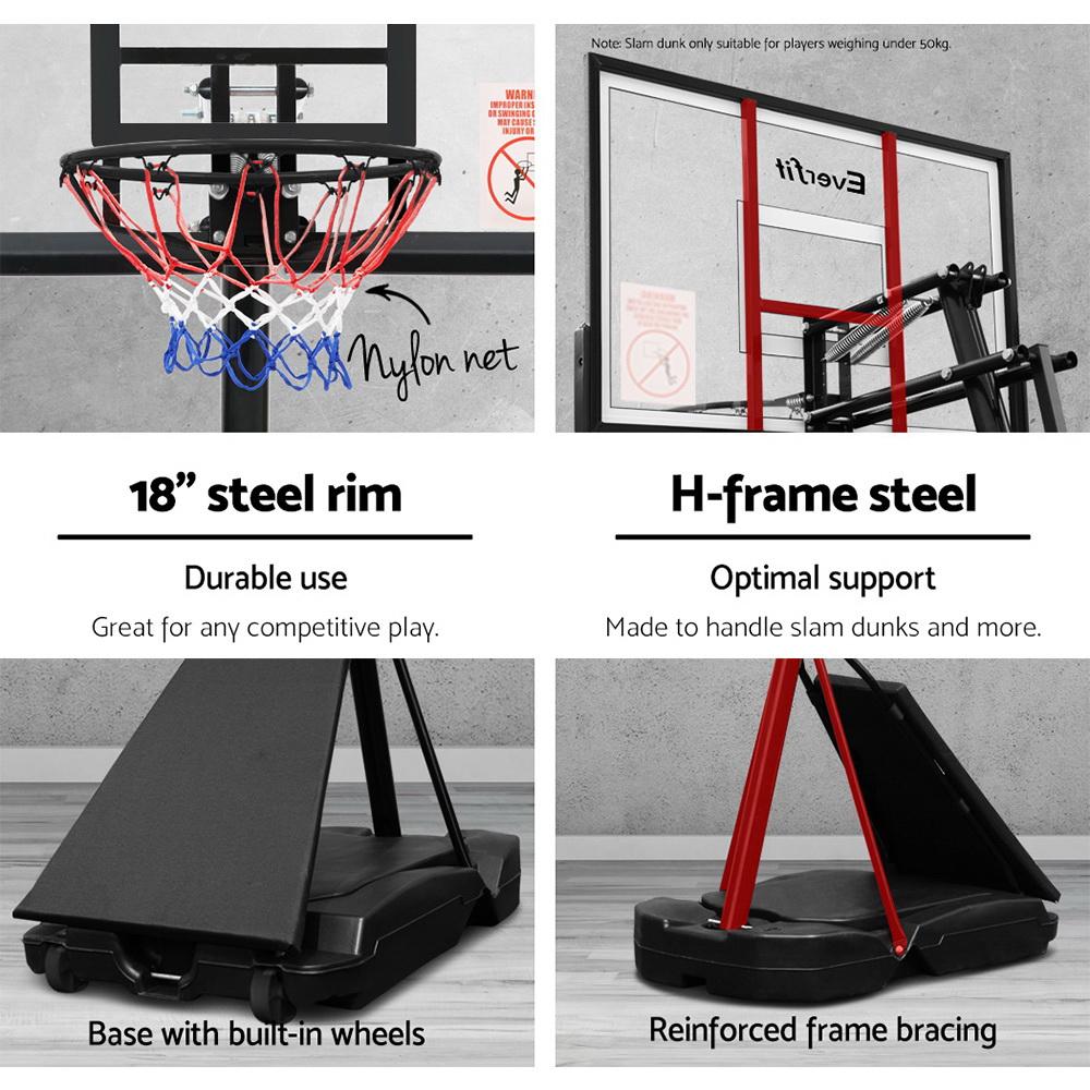 Everfit Pro Portable Basketball Stand System with 48-inch shatterproof backboard and adjustable height feature, set up in a backyard.