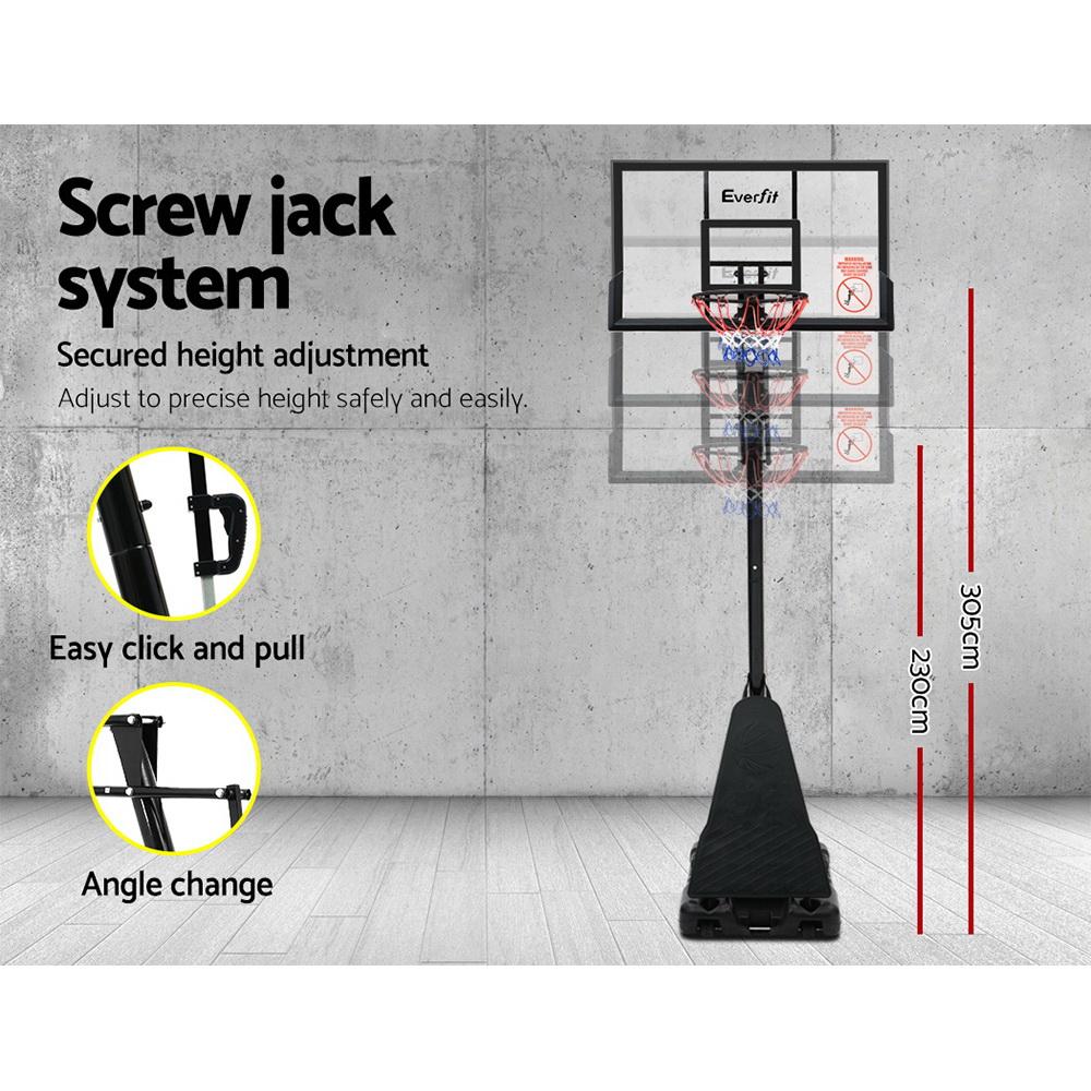 Everfit Pro Portable Basketball Stand System with 48-inch shatterproof backboard and adjustable height feature, set up in a backyard.