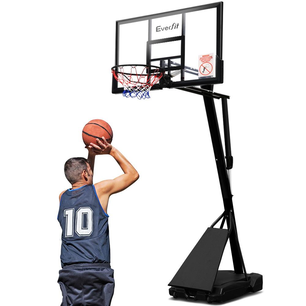 Everfit Pro Portable Basketball Stand System with 48-inch shatterproof backboard and adjustable height feature, set up in a backyard.