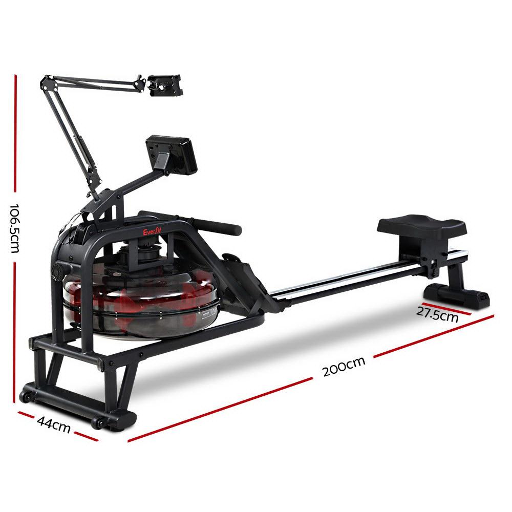 Everfit Water Rowing Machine with clear water tank and adjustable footrests, showcasing its sleek design and durable construction.