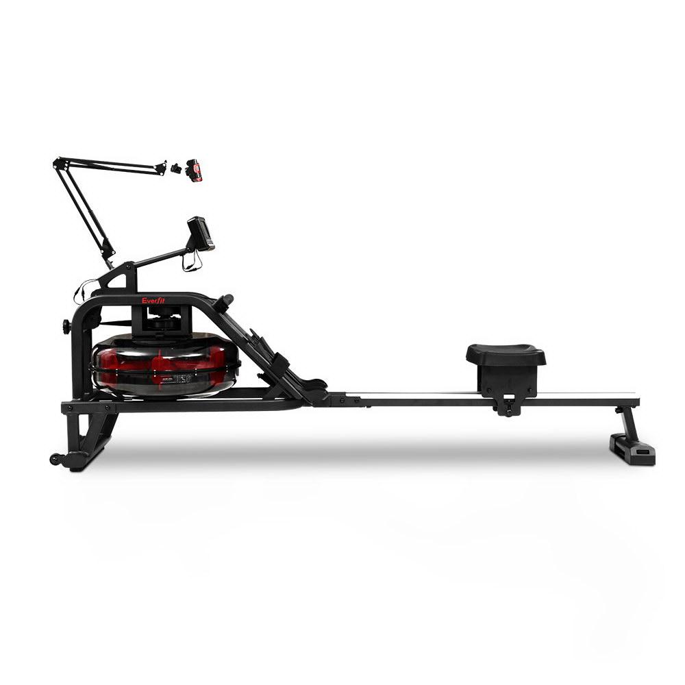 Everfit Water Rowing Machine with clear water tank and adjustable footrests, showcasing its sleek design and durable construction.