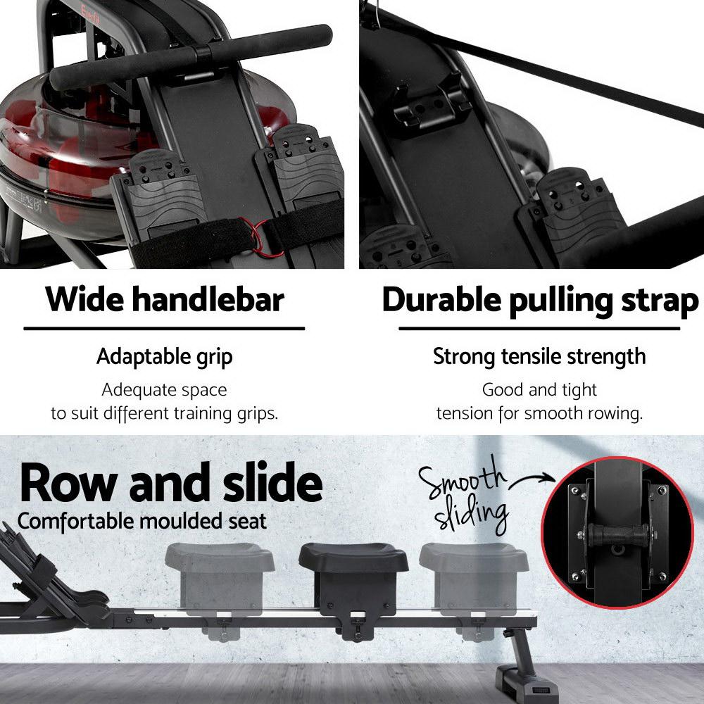 Everfit Water Rowing Machine with clear water tank and adjustable footrests, showcasing its sleek design and durable construction.