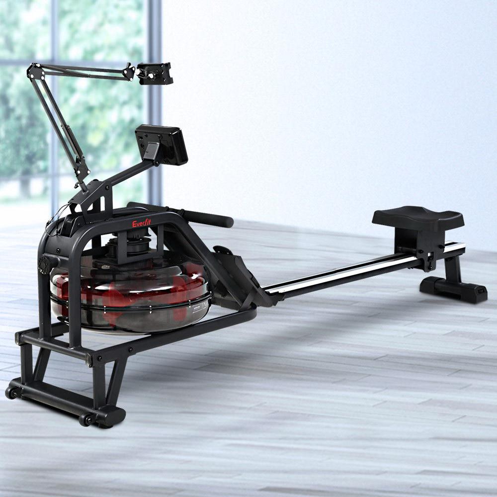 Everfit Water Rowing Machine with clear water tank and adjustable footrests, showcasing its sleek design and durable construction.