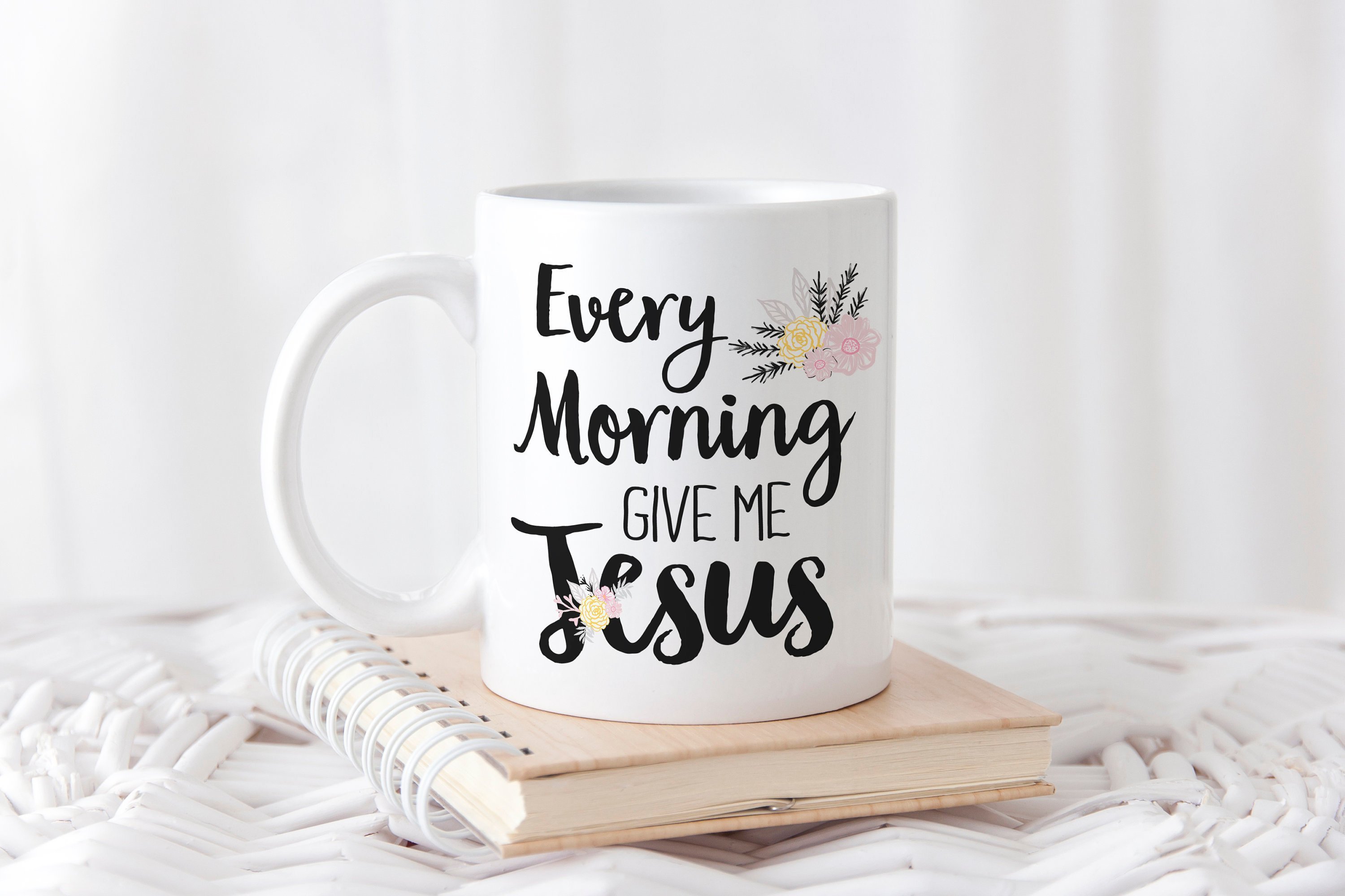 Every Morning Give Me Jesus hand lettered mug showcasing inspirational design on both sides.